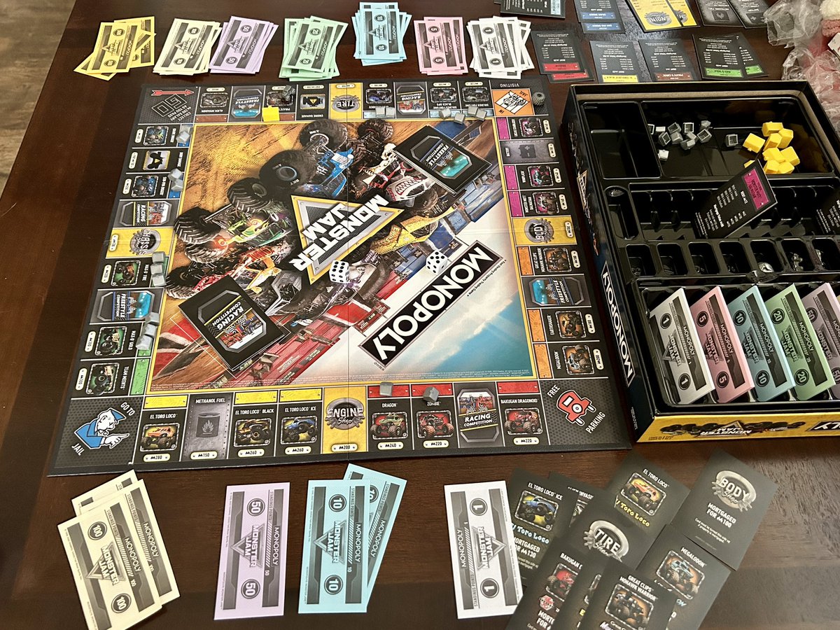 BrigetteDP's tweet photo. My hubby left me in the dust during our first game of @MonsterJam Monopoly today! He really enjoyed himself as he rolled his “tire” 🛞 piece around the board building arenas and stadiums! 💵 😉 https://t.co/5sXNSaqzWw