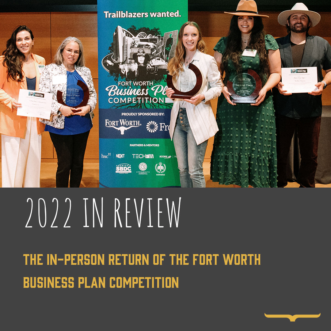 FWEconDev's tweet photo. 2022 In Review: This year saw the in-person return of the Fort Worth Business Plan Competition (#FWBPC) for the first time since the COVID-19 pandemic. 

Congrats again to our top three prize-winners: @Unbentgamify (3rd), @TenFourFilmsLLC (2nd), and @SaltedPages (Grand Prize)! https://t.co/Q5OdAT8o0p