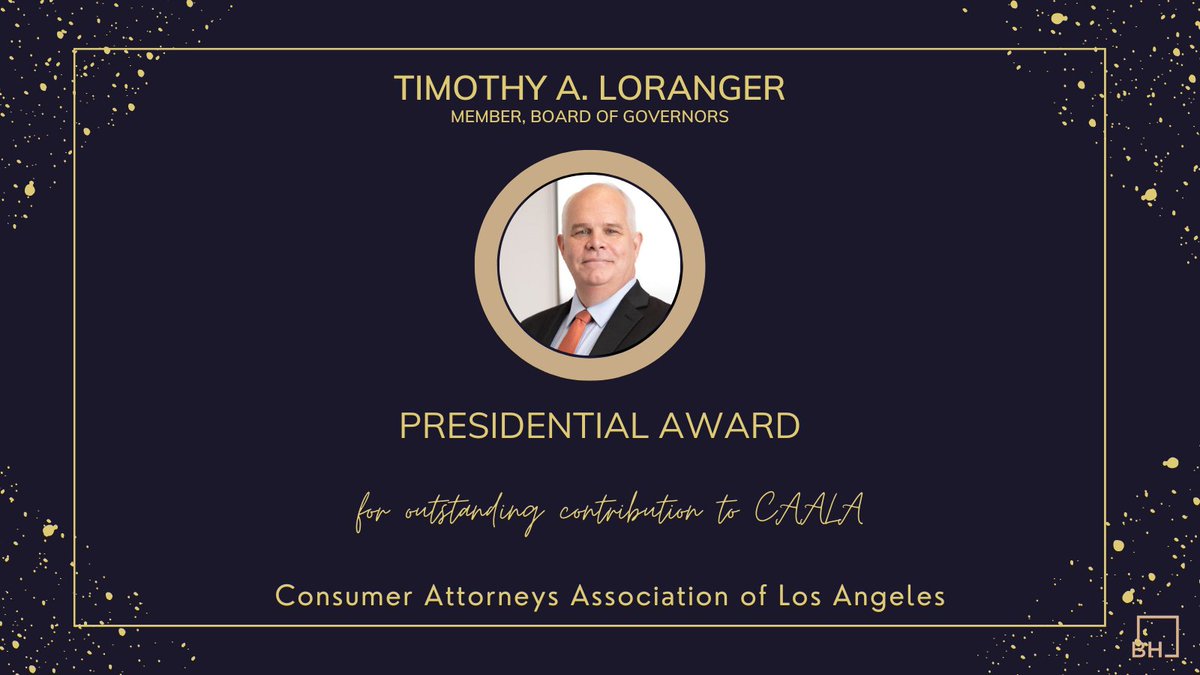 WisnerBaum's tweet photo. Congratulations to Baum Hedlund Senior Shareholder Tim Loranger on his fifth Presidential Award from the Consumer Attorneys Association of Los Angeles! Thank you @CAALA_org @Tim_A_Loranger #CAALA #lawyer #recogition #appreciation #dedication https://t.co/qP9lpG6wcw