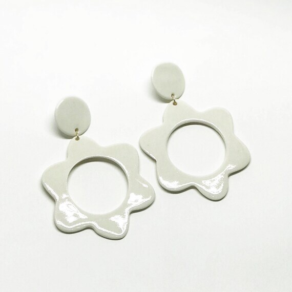 New Item Listed on Etsy PORCELAIN Jumbo Flower Earrings in White and Marigold 70's 60's perfect for Spring by asensiblehabit
