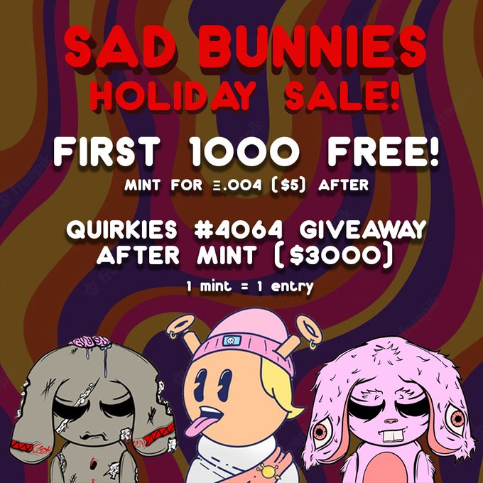 🚨#FREEMINT🚨

The next💎HUGE utility will be the biggest in the space🐰🚀

1️⃣Follow @Sadbunniesnft🔔
2⃣♥️+♻️
3️⃣View: discord.gg/KW8BstZDqr
4️⃣Mint: sadbunnies.xyz

#NFT #AD #Whitelist #Giveaway #NFTs #NftShill #NFTDrop #NFTCommunity #Ethereum #NFTProject  #NFTsales