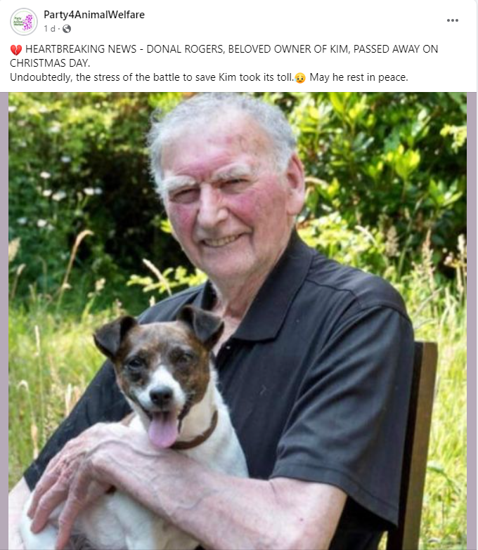AnimalPartyIE's tweet photo. ๐ HEARTBREAKING NEWS - DONAL ROGERS, BELOVED OWNER OF KIM, PASSED AWAY ON CHRISTMAS DAY.
Undoubtedly, the stress of the battle to save Kim took its toll.๐ฅ May he rest in peace.
#savekim https://t.co/72XJpsVXg8