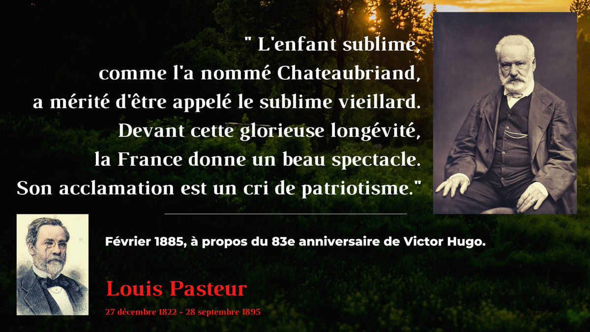 GalerneJ's tweet photo. Il y a 200 ans, le 27 décembre 1822, naissait à Dole #LouisPasteur.

En 1885, à l'occasion des 83 ans de Victor Hugo, il écrit: "L'enfant sublime [ ] a mérité d'être appelé le sublime vieillard. Devant cette glorieuse longévité, la France donne un beau spectacle."

#Pasteur2022 https://t.co/z0ZSNFAu5u