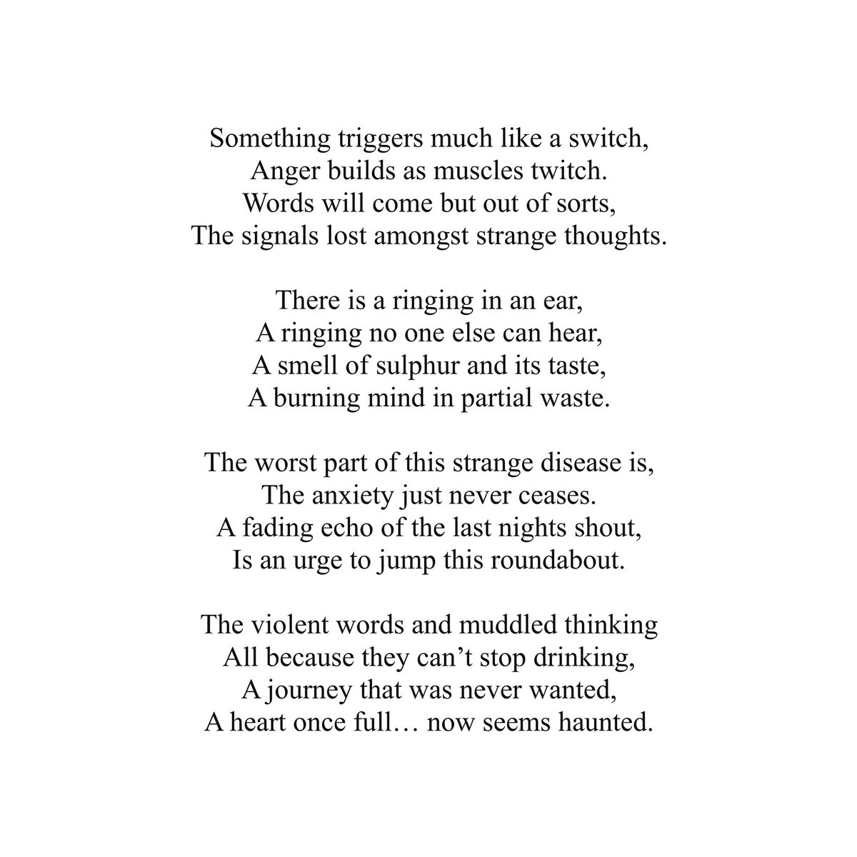 Living with a loved one who’s an alcoholic is tough…very tough. I never usually post about my private life. Ever. But seek help where it’s needed. My escape today was writing a rhyme, something I’ve stepped away from, but I’ve missed. #alcoholism #mentalhealth #poetry