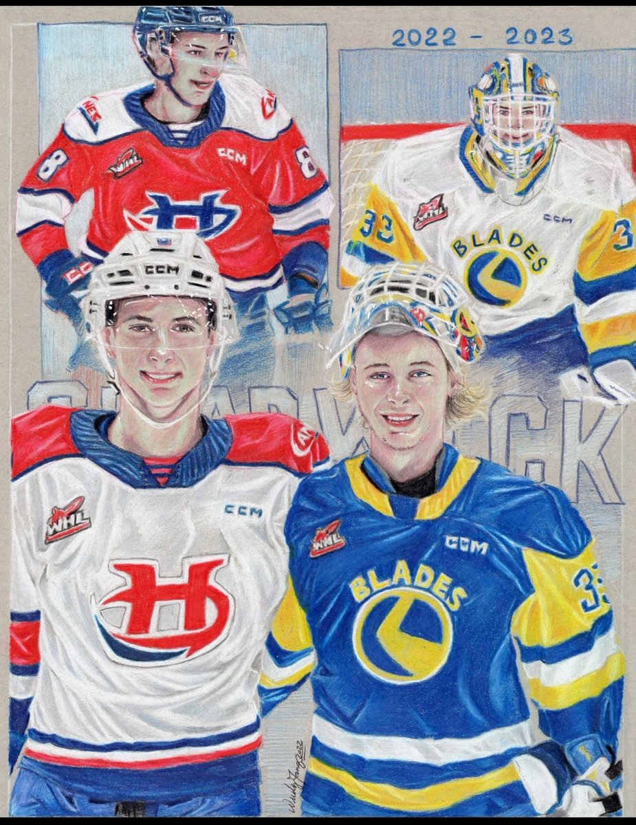 Ice_calibr29's tweet photo. And lastly, so excited to be able to share this 11x14" piece of the Chadwick brothers: Ethan Chadwick of @BladesHockey and Noah Chadwick of @WHLHurricanes! #WHL #hockeyart #polychromos #collagedrawing https://t.co/XRQb6vwpev