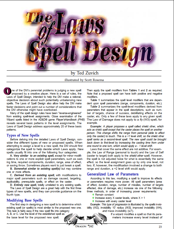 CalstaffTheGold's tweet photo. In Dragon #242 (Dec/97), Ted Zuvich gives us a set of rules, the Laws of Spell Design, intended to help the DM make a rational, objective decision about judging a new spell proposed by a creative player.

#ADnD #2e #VariantRules #Spells https://t.co/vvRZoyF8Wo