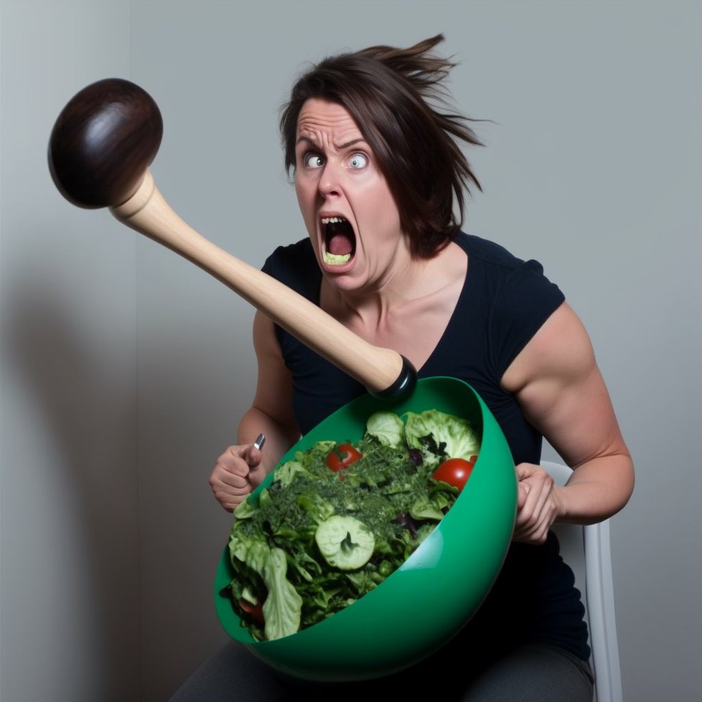 BorgaBlot's tweet photo. “Surprised woman finds toilet plunger in salad” 😱🥗🪠
… close but not quite! Midjourney has a habit to go to the extreme in regard to facial expressions.
#midjourney #AIart #salad #foodart #saladwave #taketheplunge https://t.co/gjwEJTYVfM