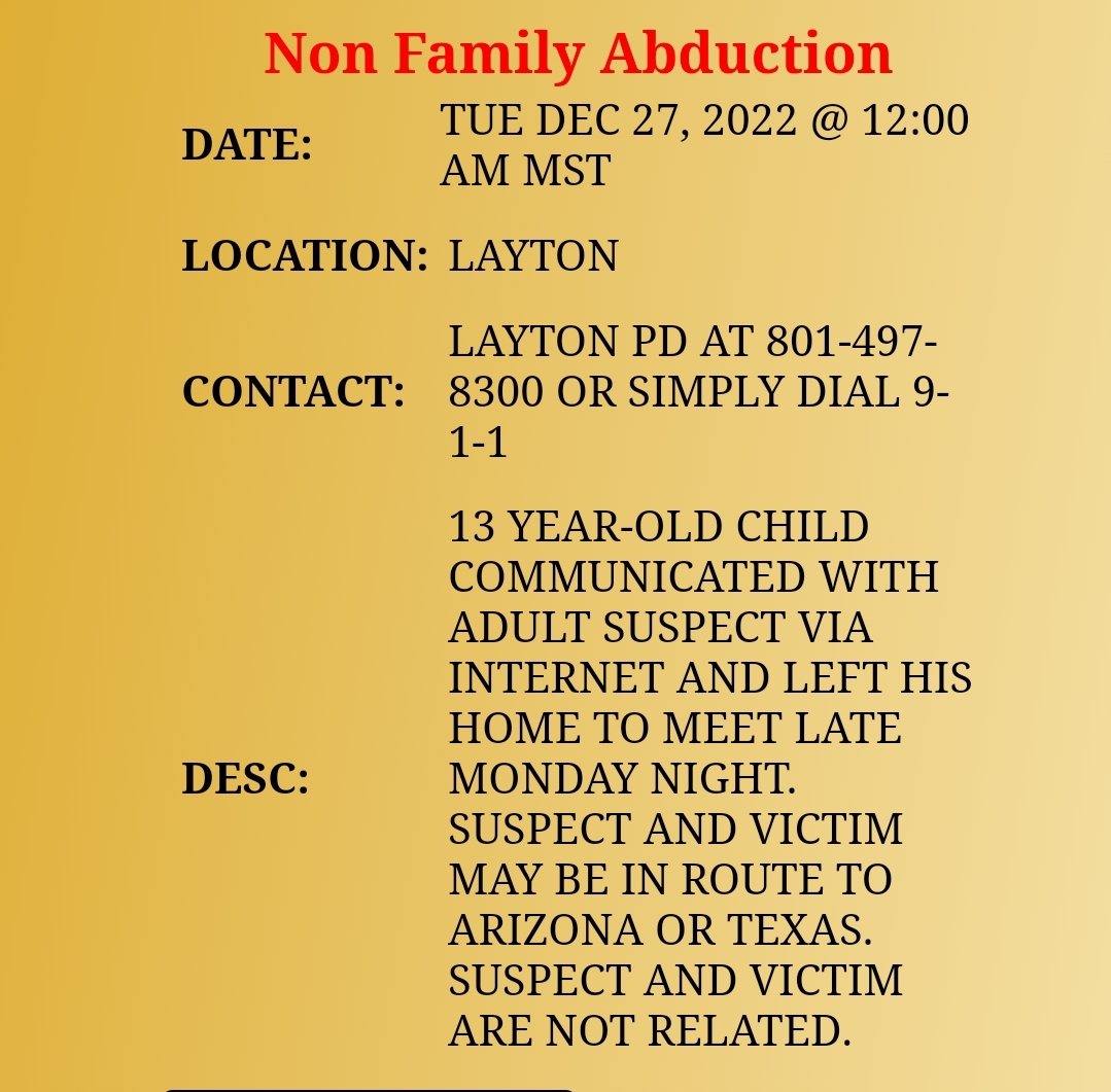 CJsSayingIt's tweet photo. 🚨🚨🚨🚨
#Utah #AmberAlert 
Pic 1 - Information
Pic 2 - Victim #EvanMcconney
Pic 3 - Suspect #HunterFox 

May possibly be traveling out of state to #Arizona or #Texas! 
#Like #Retweet #Boost https://t.co/yCsw6Sd9hx