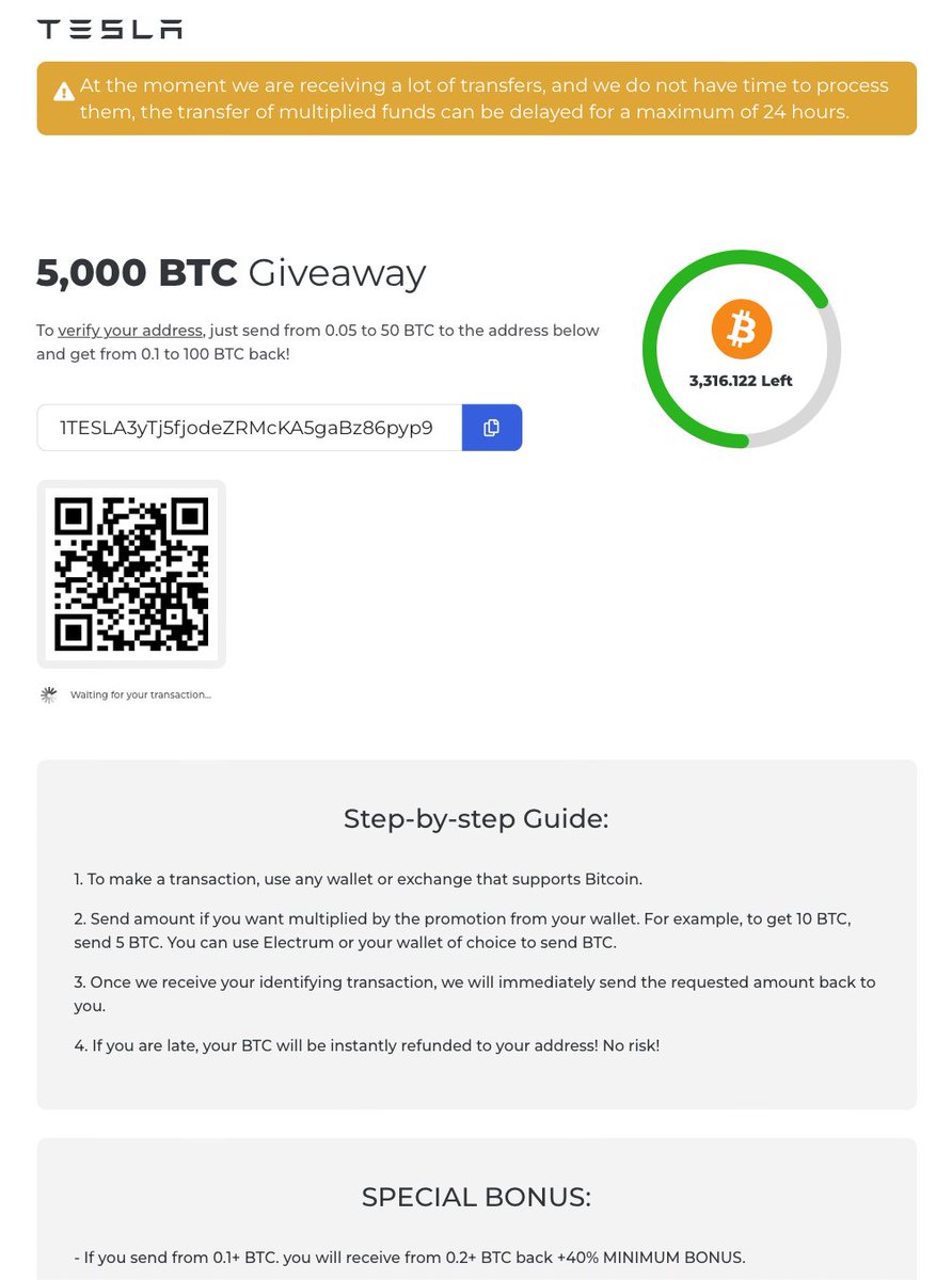 5/ The wallet address for the Bitcoin giveaway is a vanity address,  containing the word TESLA: 1TESLA3yTj5fjodeZRMcKA5gaBz86pyp9 while the Ethereum  address is 0x92173E756d71B3AcD8656b471774555883EEFE94 Please note these  websites may rotate addresses ...