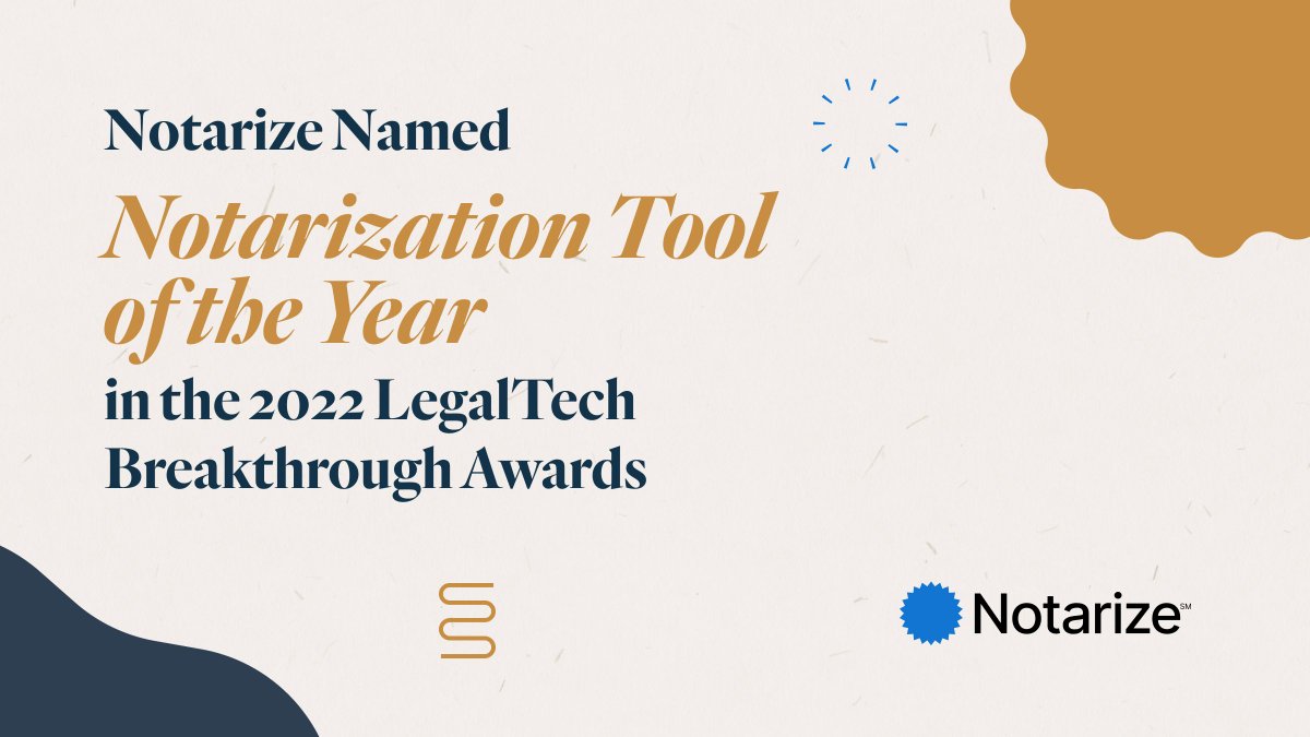MelDiPage's tweet photo. .@Notarize has been named "Notarization Tool of the Year" in the 2022 LegalTech Breakthrough Awards! 🏆

For the 3rd year in a row, we've beat out ALL the other RON platforms to receive this award.👏🏽 

@BestLegalTech https://t.co/AITa19VB5t https://t.co/NJAUCLqnFd