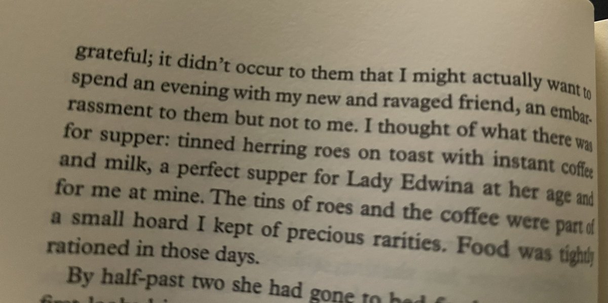 CatrionaMacL's tweet photo. Tinned herring roes on toast with instant coffee. I’ve graduated from Pym to Muriel Sparks’s Loitering with Intent. #postwarbritain #rationing https://t.co/hkq5CV1eQt