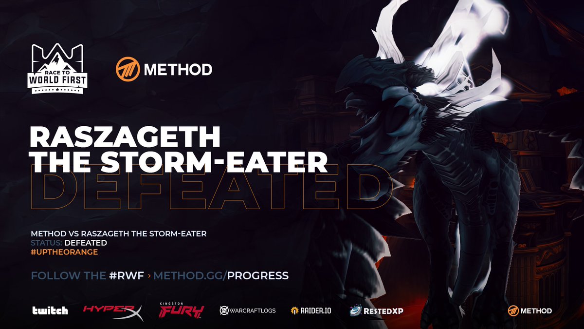 Method's tweet photo. WORLD THIRD!

⛈️ WE HAVE DEFEATED RASZAGETH THE STORM EATER ⛈️
https://t.co/zl7YSb32cw https://t.co/wneYTA2PNf