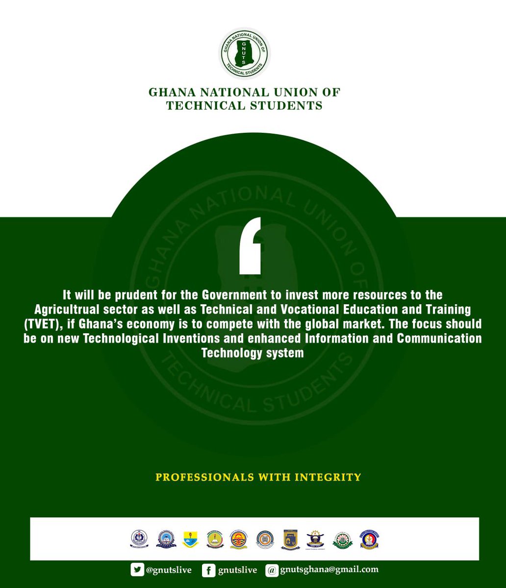 AmWisdom_Mensah's tweet photo. It's time government pays much attention to our agricultural sector as well as Technical and Vocational Education and Training.
*#Thefutureisgnuts* ✊🏽
#Gnutslive
#Gnut
#30th https://t.co/ZitwtdIGr1
