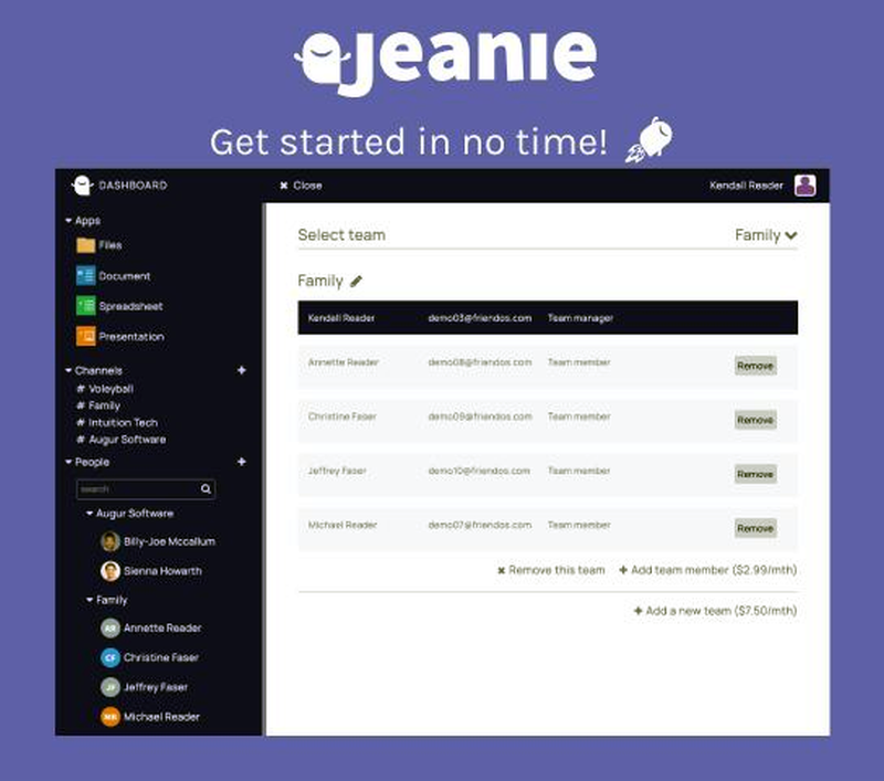 Say goodbye to obscure admin panels.  Managing teams is easy in Jeanie, including members of your organisation, other companies and guests .

Get a FREE trial today: jeanie.app

#collaboration #Team #cloudstorage #PrivacyMatters #teamwork