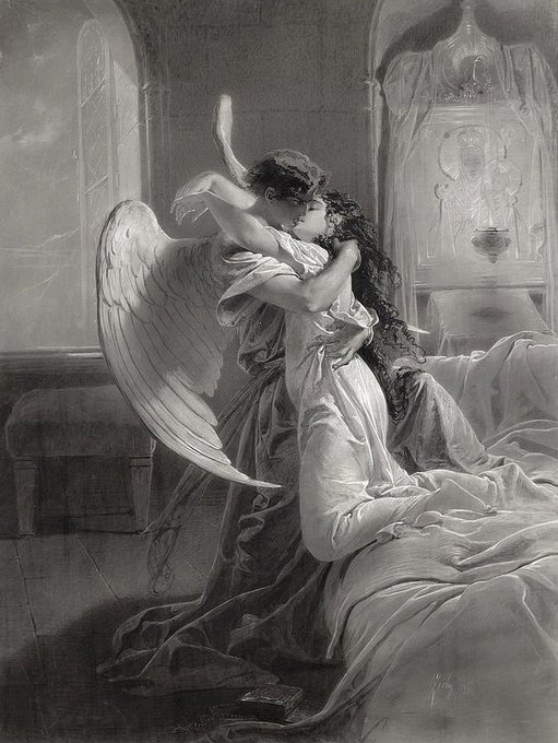 Romantic Encounter (1864) by Mihály von Zichy (Hungarian artist, lived 1827-1906). Lucifer and Princess Tamara, a mortal with whom he falls in love. #satan #devil