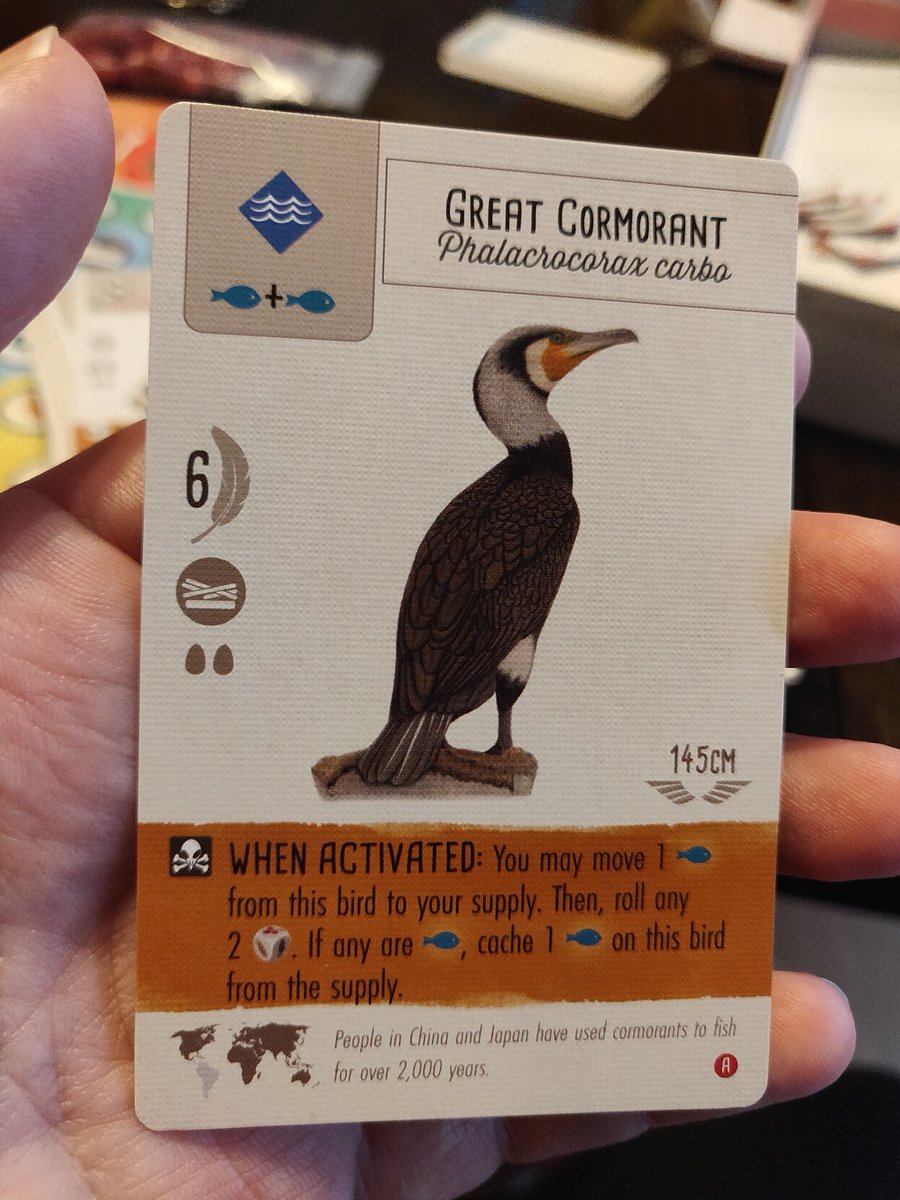 I appreciate the mechanics reference to Cormorant Fishing in Wingspan Asia, where both you and the bird can get fish. en.wikipedia.org/wiki/Cormorant…