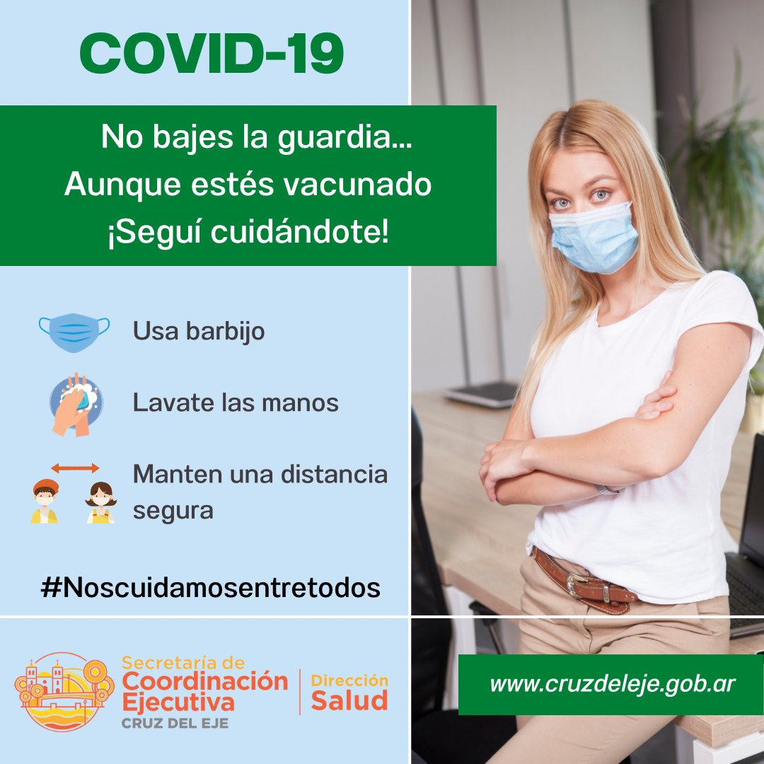 ¡No bajes la guardia! Seguí cuidándote aunque estés vacunado 😷

Ante el incremento de casos positivos de covid-19, desde el Área de salud municipal recordamos algunas medidas básicas para evitar el contagio. 

#CuidemosCruzdelEje #NosCuidemosEntreTodos #covid19