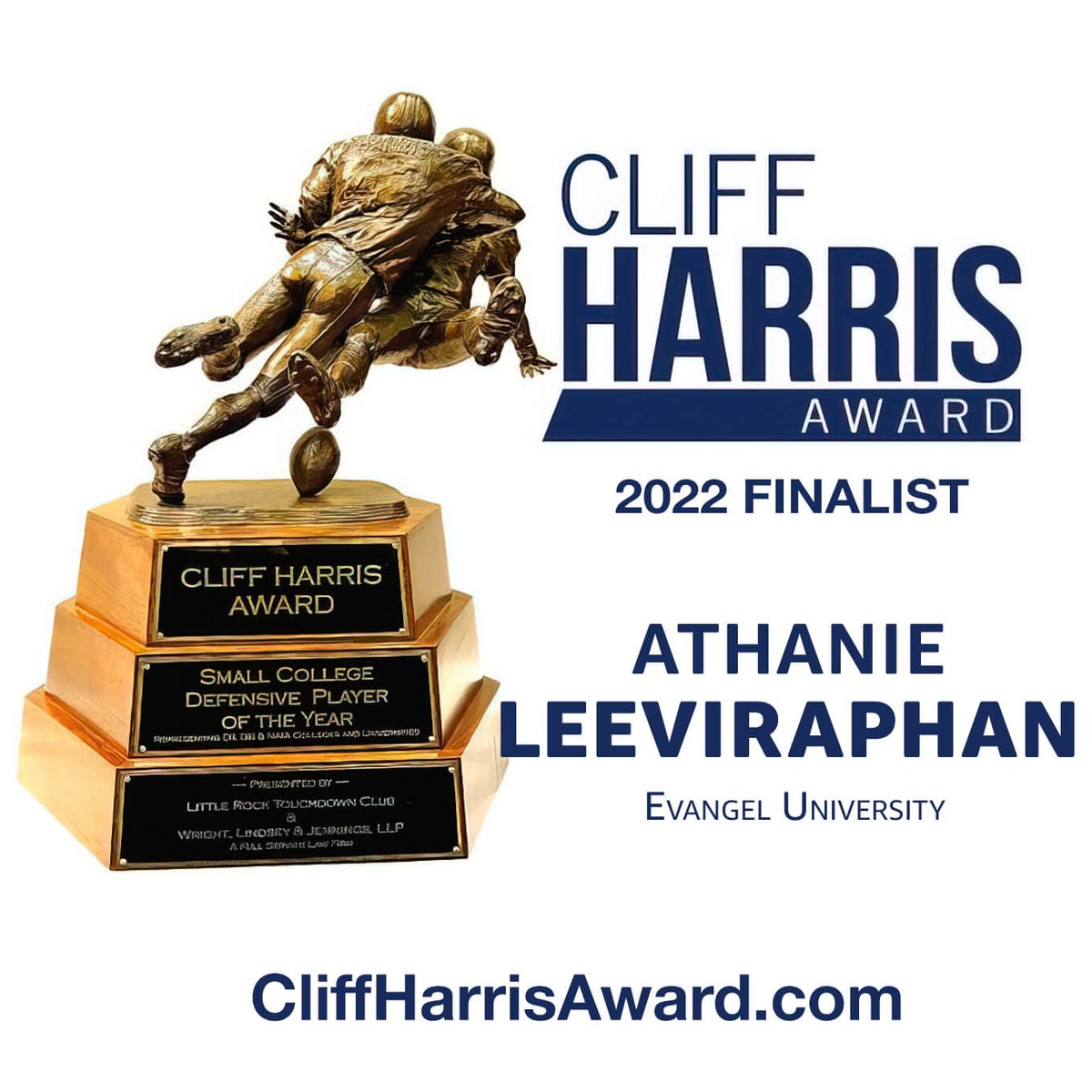 CliffHarrisAwd's tweet photo. Congratulations to Athanie Leeviraphan from Evangel University on being a FINALIST for the 2022 Cliff Harris Award! @Evangel_FB @EvangelUniv @aleeviraphan85 https://t.co/6Oms9cITJi