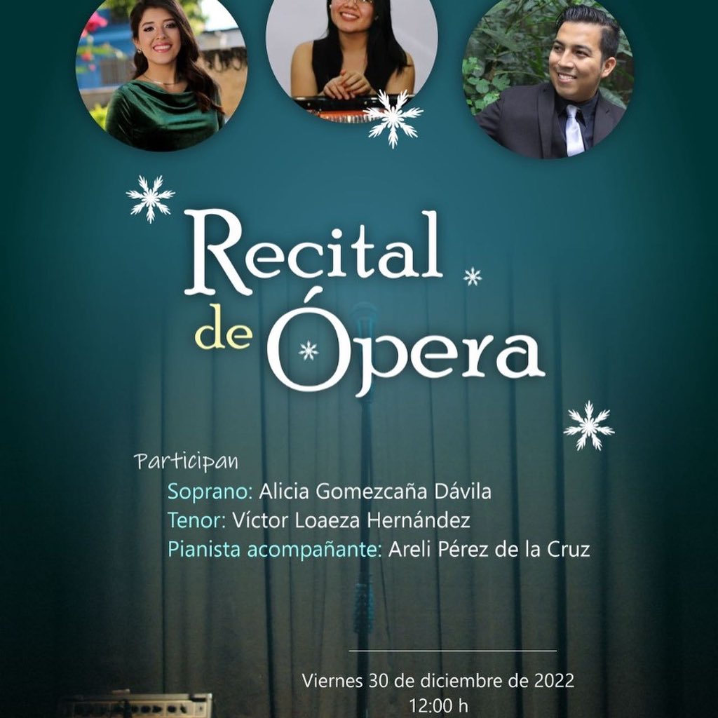 Miércoles 28 y jueves 29 de diciembre de 12 a 3 h, musica de marimba en vivo.

Viernes 30 de diciembre, 12 h Recital de ópera. 

Te esperamos!
#SomosConeculta