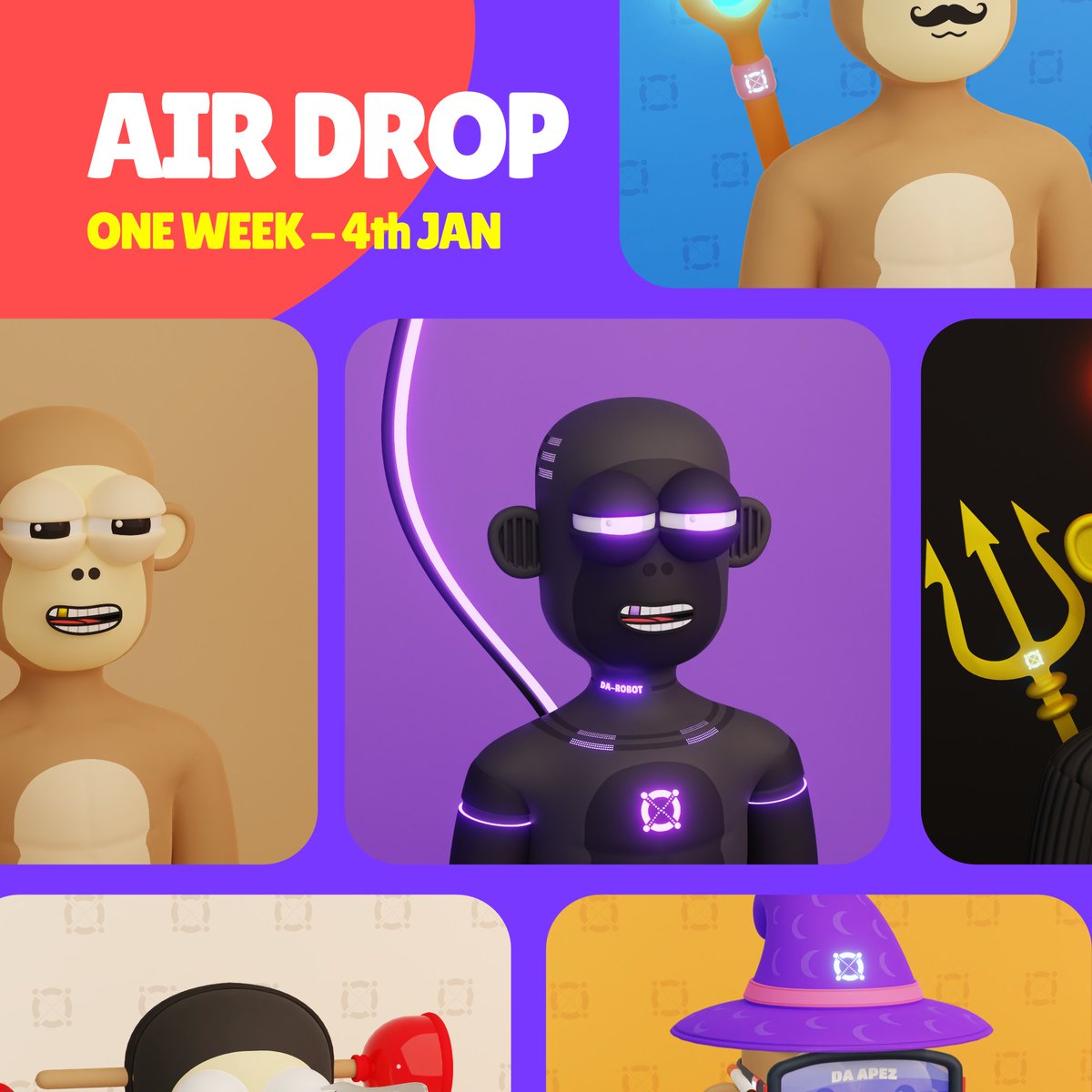 🪂 Airdrop - 1 Week!! 🎁⏳

Have you secured your 2D Apez? 🐒 Make sure they're not on the marketplace. On the 4th of Jan you'll be airdropped your 3D #NFTs
🔥

Last chance to get yours: xoxno.com/collection/DAP… 

Let's go Apez! 🎁 #EGLD #MultiversX