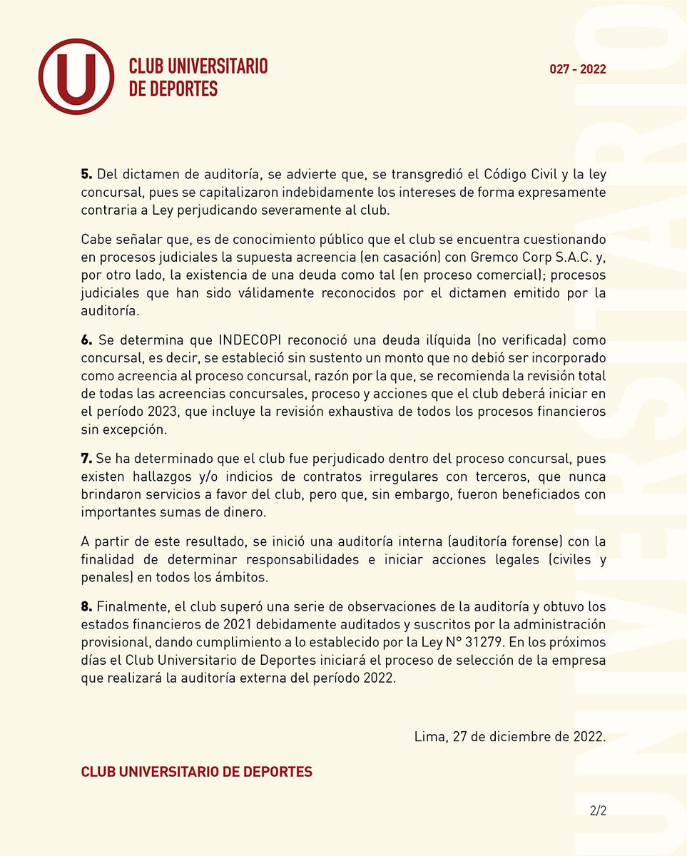 Universitario's tweet photo. 📄 En señal de transparencia hacia toda la familia crema, comunicamos los resultados de la auditoría realizada por la empresa BDO. https://t.co/s3UPGgqZzf