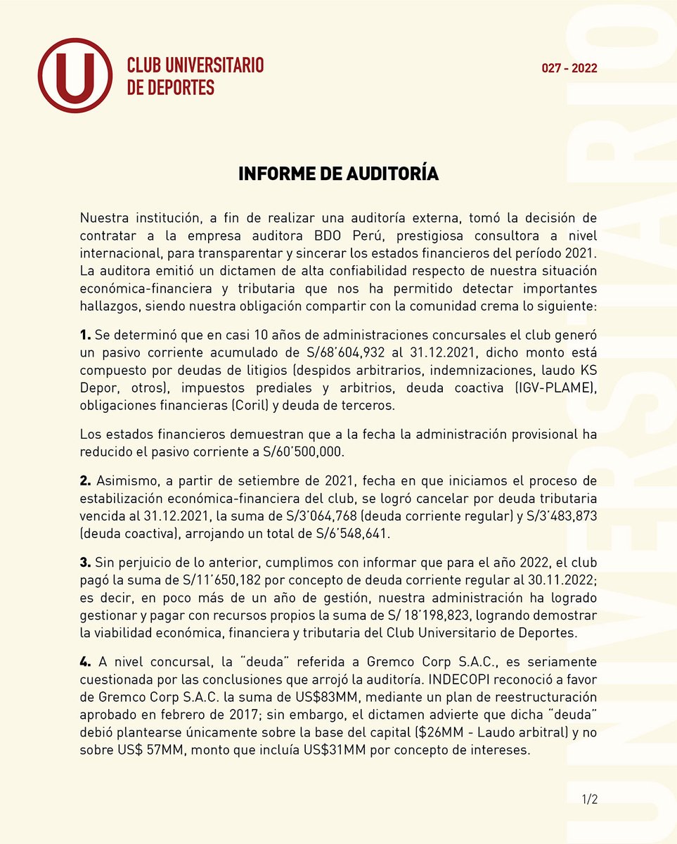 Universitario's tweet photo. 📄 En señal de transparencia hacia toda la familia crema, comunicamos los resultados de la auditoría realizada por la empresa BDO. https://t.co/s3UPGgqZzf
