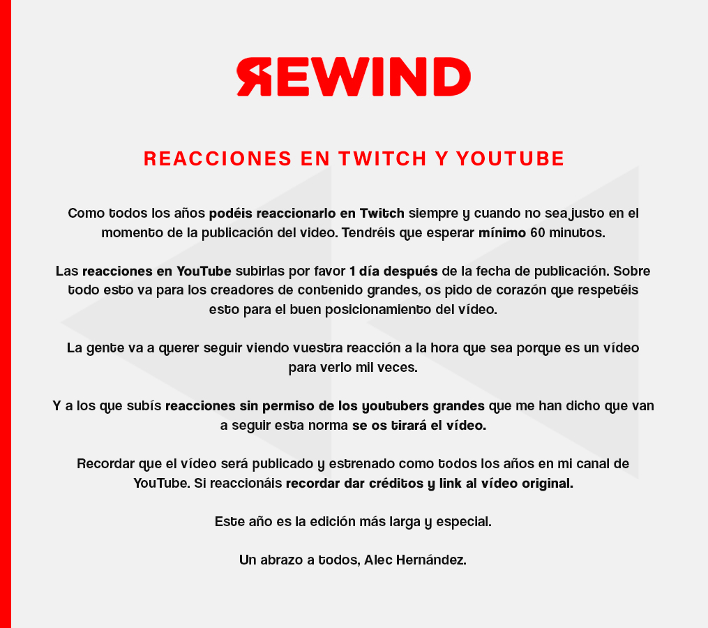 AlecHernandezC's tweet photo. ¡DÍA DEL REWIND HISPANO 2022! 
Estreno a las 𝟮𝟬:𝟬𝟬 hora España

Os recuerdo las normas a los creadores de contenido y que disfrutéis de esta producción que tantos meses nos ha llevado.

Estaré en directo haciendo la cuenta atrás asi que espero que algunos me acompañéis. ⏪ https://t.co/K9TRIJrZQO