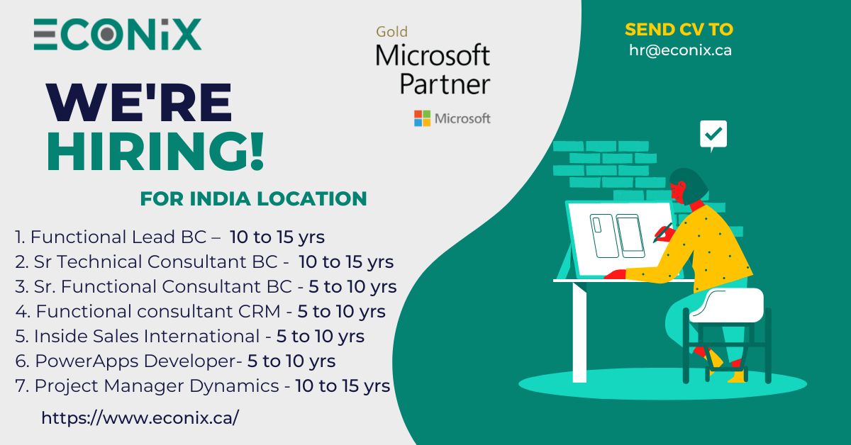 econix_infotech's tweet image. ECONIX is looking for resources with 5+ years of experience in the following areas: #functionallead, #Technicalconsultant #functionalconsultant #Insidesales #powerappsdeveloper #projectmanagerdynamics
respectively. email HR@Econix.ca
#hiring #econixinfotech #work #recruitment