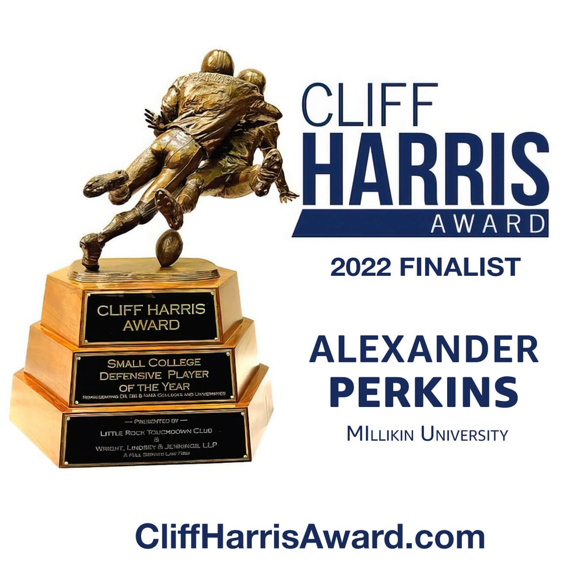 CliffHarrisAwd's tweet photo. Congratulations to Alexander Perkins from MIllikin University on being a FINALIST for the 2022 Cliff Harris Award! @MU_BigBlueFB @MUBigBlue https://t.co/wA3dgl3tds