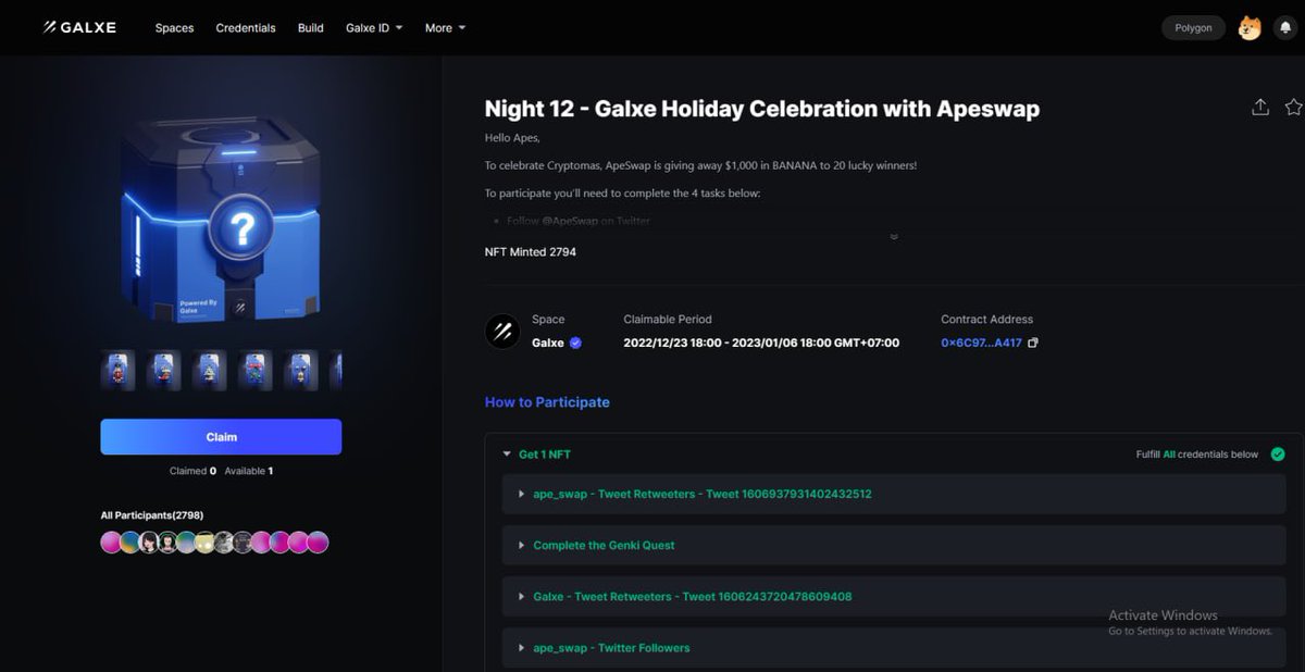 Huy1359's tweet photo. 🎁 Galxe Holiday with Apeswap - Night 12:

 https://t.co/nggliCzC7n

🧐 Task 2 truy cập: https://t.co/5xUZa6uP9d rồi Connect ví và Swap 2 lệnh trên: https://t.co/sXlWnSzTk4 là Verify được

💵 Claim Night 12 có cơ hội nhận thêm 50$ từ Apeswap, ko có $MATIC claim mình gửi https://t.co/3dRXm221Qz