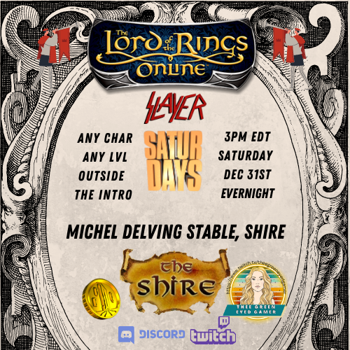Jessica13691067's tweet photo. 💥 Slayer Saturday 
💫 Shire Slayers &amp; Discoveries
🐻 Bring ANY char, level, race, or class 
🗓  Dec 31st
🕒 3PM EDT
🌎 Evernight
🗺️ Meet @ Michel Delving Stable, Shire
👩‍💻 Live @ https://t.co/2zYg001How
#lotro #lotrofamily #slayersaturdays #mmorpg #twitch https://t.co/MTZmQkNRo9