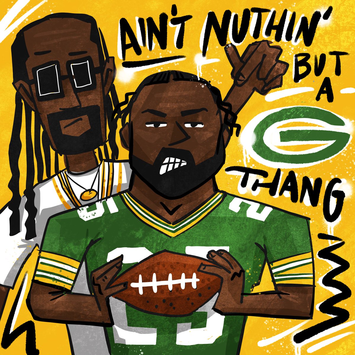 LeapsOfLogic's tweet photo. Things are looking up now that Keisean and Uncle Snoop are on our side. Can the Packers pull off a miracle and make the playoffs? Fo' shizzle! 

#GinAndCheese #GThang #YoungWildAndRunningTheTable #packers #greenbaypackers #cheesehead #nfl #football #gopackgo #illustration https://t.co/nHnMA0lqZ2