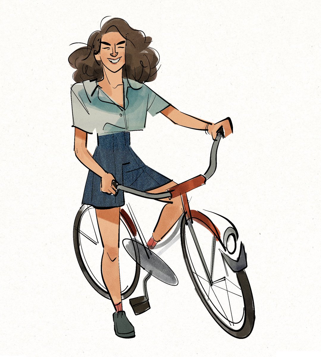 1girl solo bicycle ground vehicle brown hair closed eyes shirt  illustration images