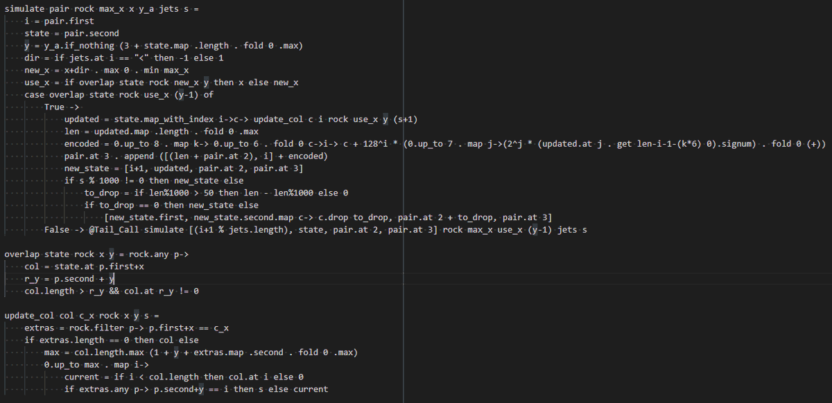 I've eventually completed "Pyroclastic Flow" - Day 17 - Advent of Code 2022 in <a href="/enso_org/">Enso Analytics</a>  adventofcode.com/2022/day/17 #AdventOfCode 
Took me a lot of fiddling to get part 2 working...