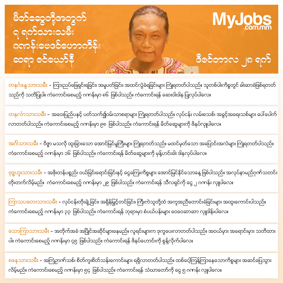 MyJobsMyanmar's tweet photo. ၂၀၂၂ ခုနှစ် ဒီဇင်ဘာလ ၂၈ ရက်နေ့အတွက် ဆရာဇင်ယော်နီဟောကြားထားသော ၇ ရက်သားသမီးများရဲ့ ဆောင်ရန်၊ရှောင်ရန် နှင့် ကံကောင်းခြင်းအတွက် အဆောင်ယတြာများကို MyJobs မှ မိတ်ဆွေတို့အတွက်ဖော်ပြပေးလိုက်ပါတယ်။ https://t.co/0zrNBKRtvM
