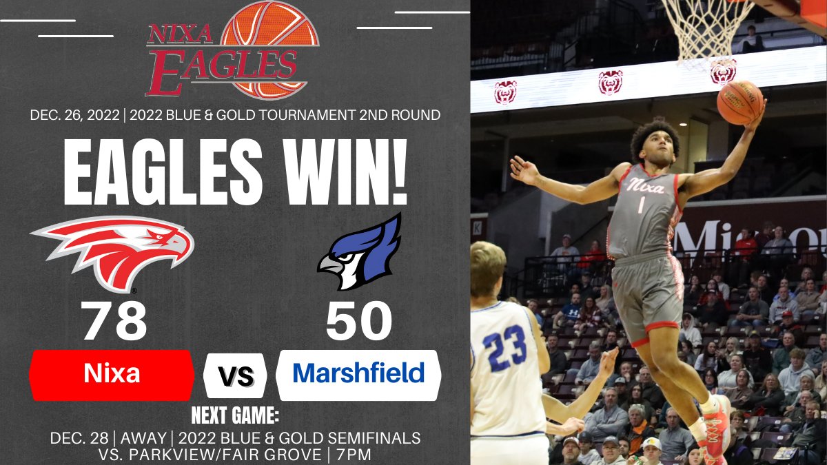 Nixa Athletics (@nixaathletics) on Twitter photo π Final. π
<a href="/NixaBBasketball/">Nixa Boys Basketball</a> (10-0) defeats Marshfield 78-50 in the quarterfinals of the <a href="/greenwood_BnG/">Greenwood Blue and Gold</a>.
Eagles dominated on both ends of the floor & top-scorers included: Peters (25), Combs (20), & Seitz (12).
Next game: winner of Parkview/Fair Grove, Dec. 28, at 7pm. π Final. π
<a href="/NixaBBasketball/">Nixa Boys Basketball</a> (10-0) defeats Marshfield 78-50 in the quarterfinals of the <a href="/greenwood_BnG/">Greenwood Blue and Gold</a>.
Eagles dominated on both ends of the floor & top-scorers included: Peters (25), Combs (20), & Seitz (12).
Next game: winner of Parkview/Fair Grove, Dec. 28, at 7pm.