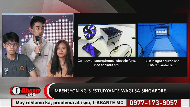 AksyonAbante's tweet photo. PINOY PRIDE! Imbensyong solar powered tent ng 3 estudyanteng Pinoy, wagi sa isang kompetisyon sa Singapore.
Live po tayo ngayong Biyernes, December 28 via Abante News Online Facebook page at Youtube channel: https://t.co/nugfm48bRe
#SocialNewsPH #PublicServiceProgram https://t.co/UhNJMEmiMp
