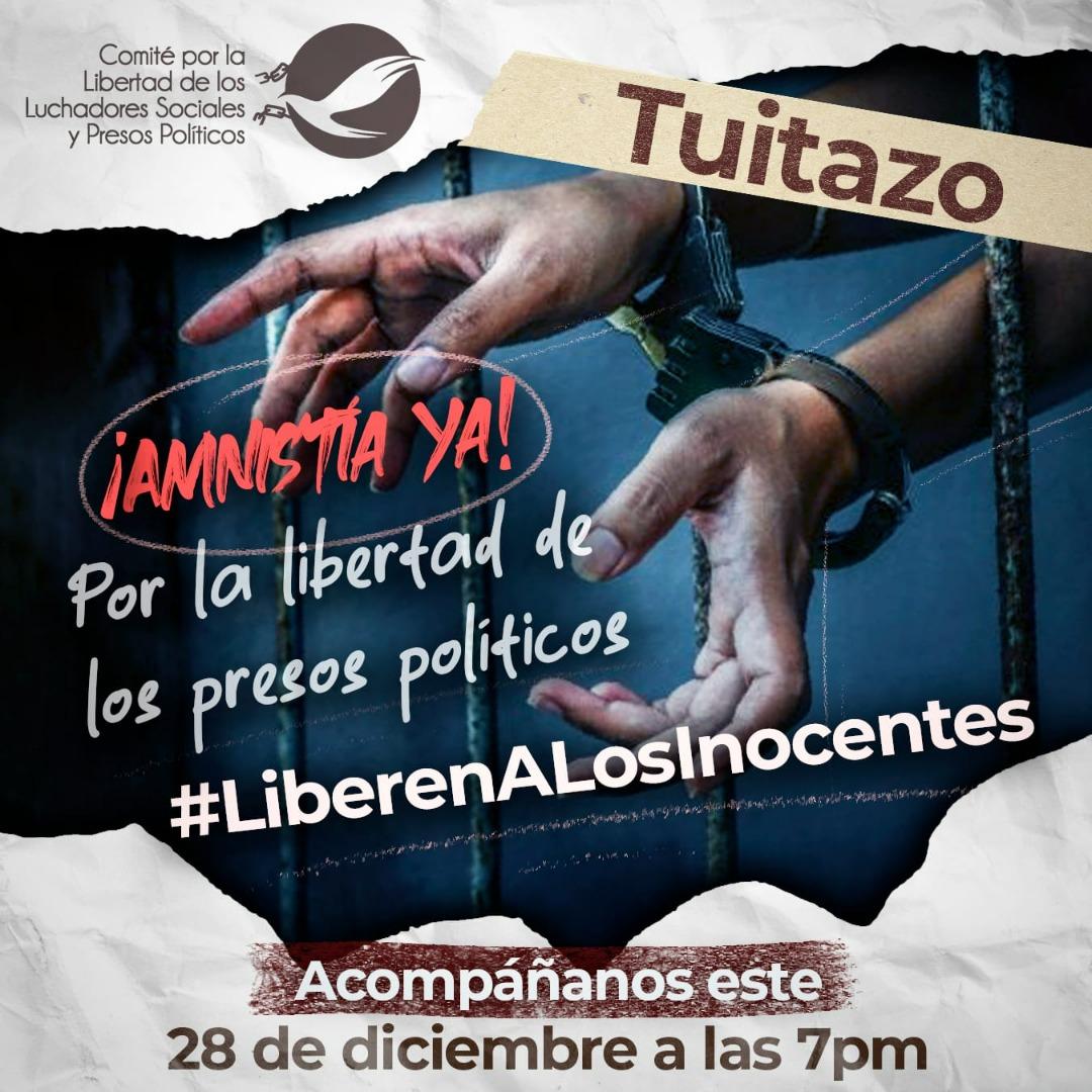 *_TUITAZO_* Mañana 28 de diciembre 7 pm  *#LiberenALosInocentes* Acompáñanos para exigir, en una sola voz, la libertad de los presos políticos. Solidarízate en estos días de unión familiar. ¡Amnistía Ya!