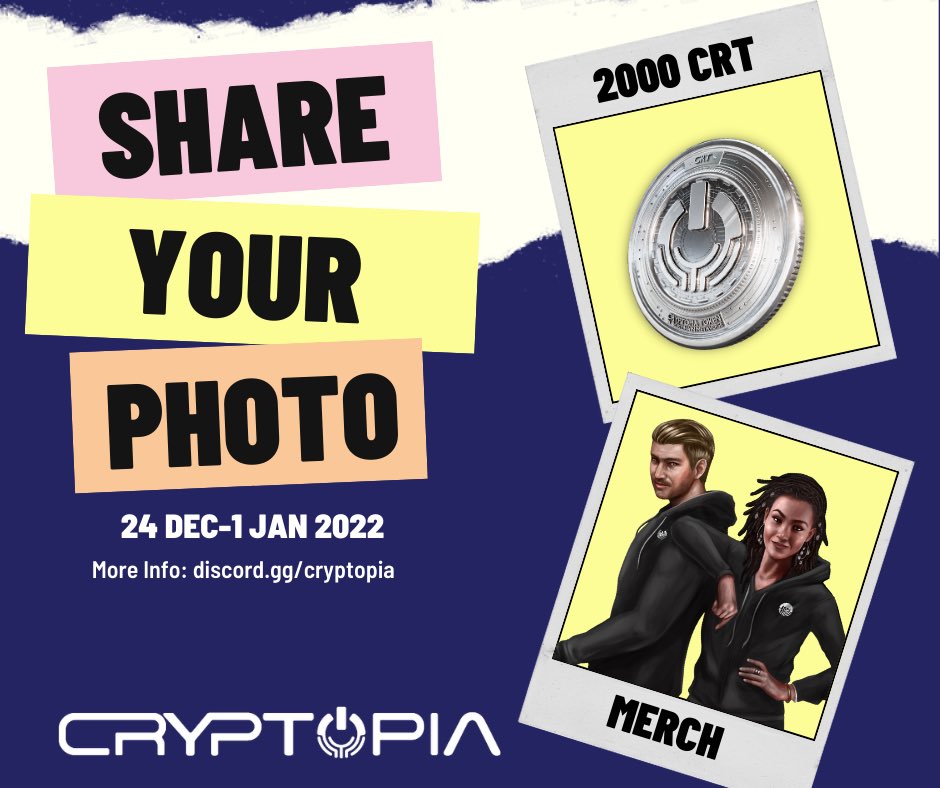 CryptopiaOFCL's tweet photo. CHECK OUT THESE AMAZING PRIZES! Follow these simple steps for a chance to receive 2000 CRT (Cryptopia's Native Token) or a pair of the coolest winter merch (hoodie & sweatpants)!
cont....
#cryptopia #ilovecryptopia #holiday #christmas #yearend #web3 #blockchain #game #gaming https://t.co/cjx9uvJNcC