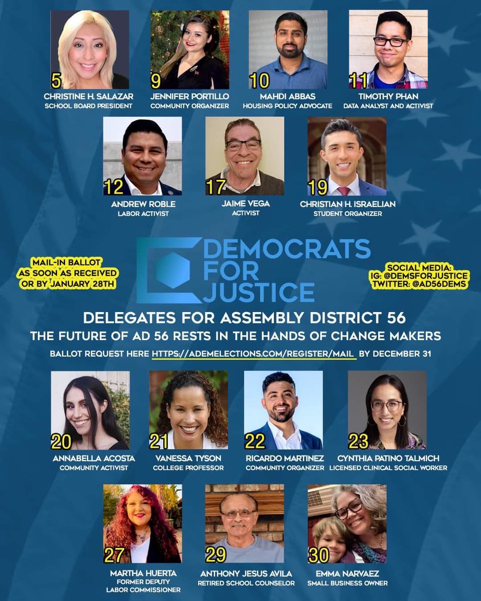 AD56Dems's tweet photo. We are 14 progressive activists running for CADEM delegate positions in AD56. We believe in reforming the California Democratic Party towards economic and social justice. Please support all of our members and register to receive an ADEM ballot by Dec. 31st! DM for more info! https://t.co/JJBMk6Zhkv