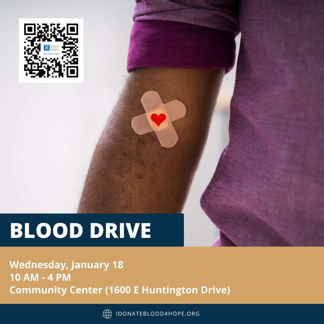 🩸Keep the spirit of giving going by donating blood!

The City of Hope Blood Drive, in Partnership with Foothill Credit Union, is happening on January 18 from 10 AM - 4 PM at the Community Center.

📅 Please schedule your donation online at:  bit.ly/3GiksHX