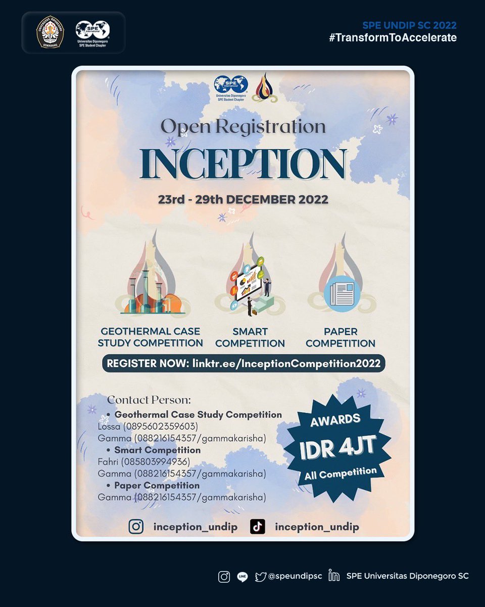 speundipsc's tweet photo. [OPEN REGISTRATION INCEPTION UNDIP: BATCH 2]
Hello competition enthusiast!👋👋
INCEPTION 2022 is back and now open its registration for the second batch of competition!🎉🎉

There are 3 competitions that will be held this year:
1. Smart Competition
2. Paper Competition https://t.co/5utrkeodVz