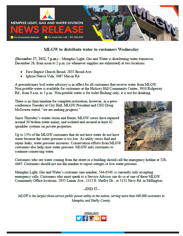 MLGW's tweet photo. MLGW to distribute water to customers Wednesday, December 28 from noon to 2 p.m. (or whenever supplies are exhausted) at two locations: First Baptist Church Broad, 2835 Broad Ave., and Iglesia Nueva Vida, 3687 Macon Rd. #MLGW #MLGWNews #ServingYouIsWhatWeDo https://t.co/C6QFNoWw3z