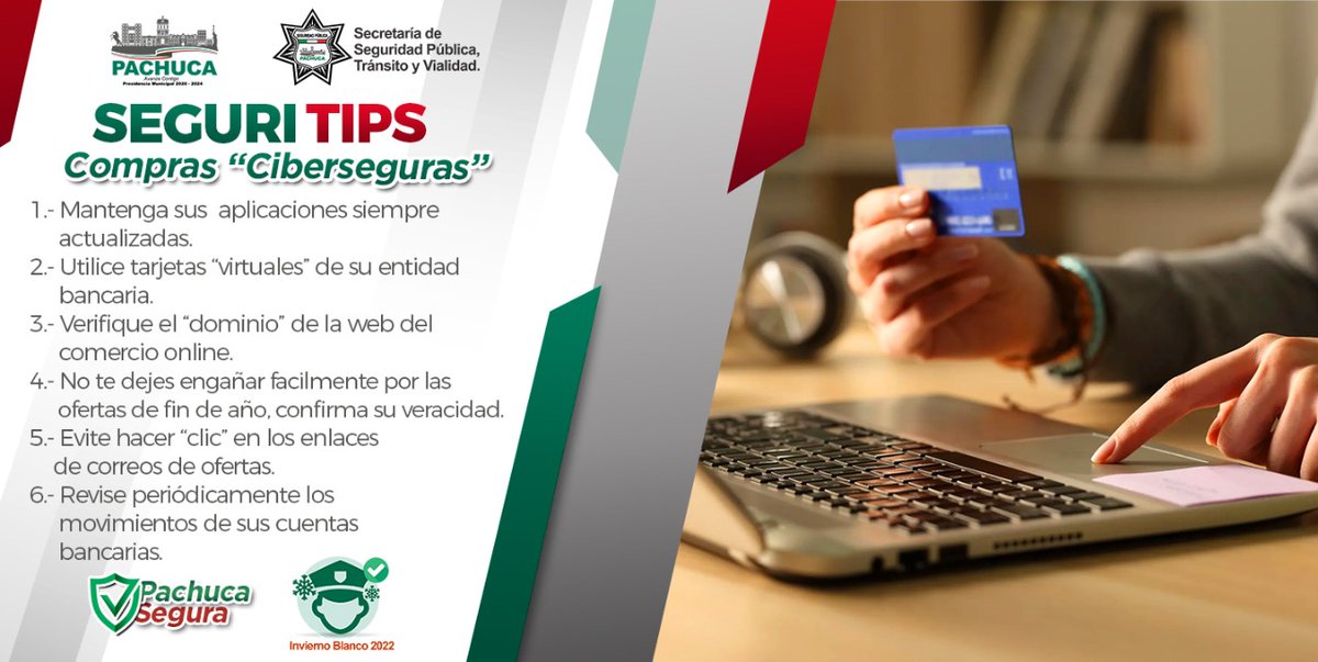 pachuca_ssp's tweet photo. ¡Tómalo en cuenta!📢
Si realizas compras en línea, estos #SeguriTips te pueden servir para proteger tu información y tus transacciones.💻💵🔒

#PachucaSegura🛡️ https://t.co/JARKSPuQ4d