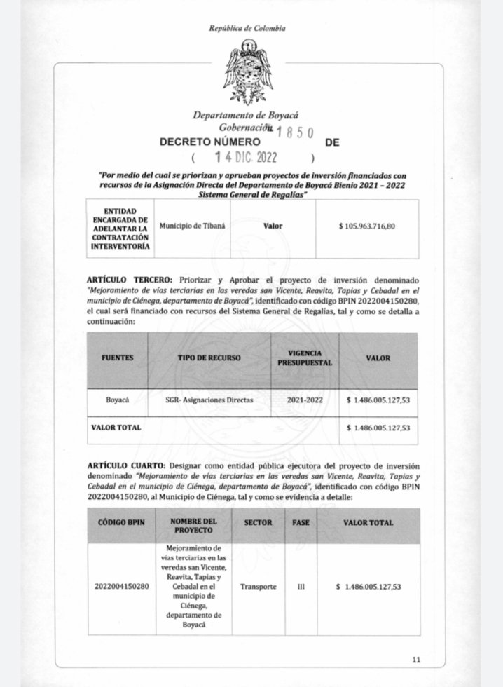 ManuelPaezM's tweet photo. En este mes de Diciembre la Gobernación de Boyacá mediante decreto 1850 del 2022 priorizó y aprobó recursos por parte del Sistema General de Regalías para el proyecto de placa huellas en nuestro Municipio de Tibaná, nos llena de alegría haber liderado la gestión de este proyecto. https://t.co/kos1wTBaaa