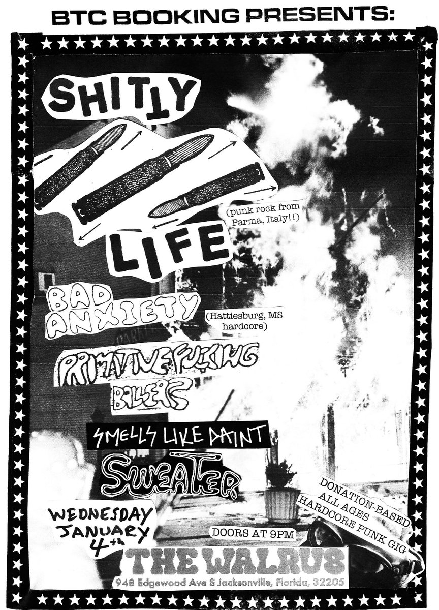 Next week at The Walrus in Jacksonville. Wednesday the 4th, 9pm. SHITTY LIFE (Parma, Italy), BAD ANXIETY, PRIMITIVE FUCKING BALLERS, with local support from Smells Like Paint and Sweater. Donation-based all ages hardcore punk gig 🤠 🔥 ⛓️ 

fb.me/e/2avWAQdCO?mi…