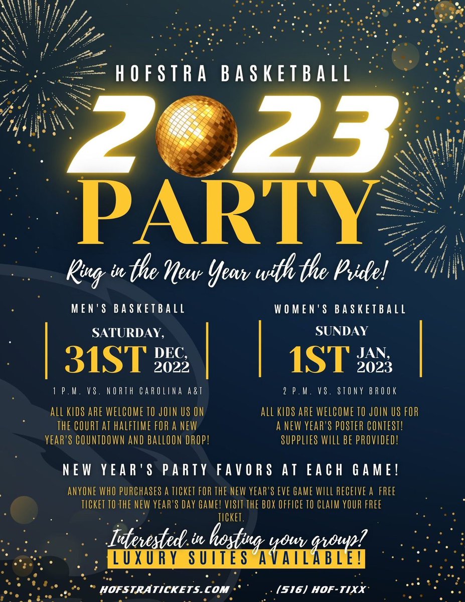 First ✌️ home <a href="/CAABasketball/">CAA Basketball</a> games this weekend for #Hofstra!
 
12/31 - <a href="/HofstraMBB/">Hofstra Men's Basketball</a> vs. North Carolina A&amp;T at 1 p.m.
 
1/1 - <a href="/HofstraWBB/">Hofstra Women’s Basketball</a> vs. Stony Brook at 2 p.m.
 
🎟️ - hofstra.universitytickets.com/w/
 
#PrideOfLI