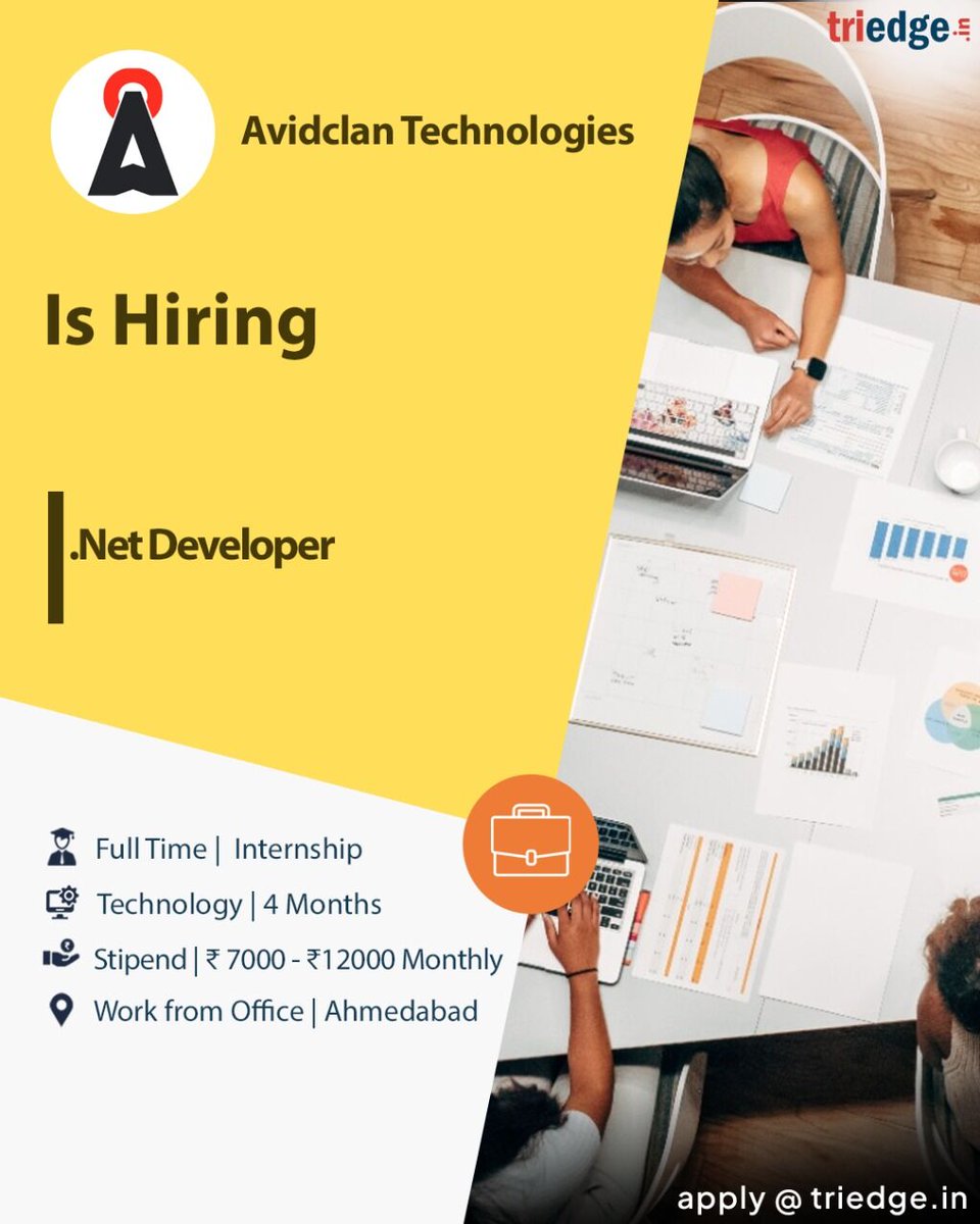 Triedge_in's tweet photo. Avidclan Technology is hiring paid interns for the role of dot Net developer for Ahmedabad location.
Interested candidates can send your CV to apply@triedge.in
#hiring #internship #triedge #netdeveloperjobs #learninginitiativesforindia https://t.co/1rlAbjXbX2