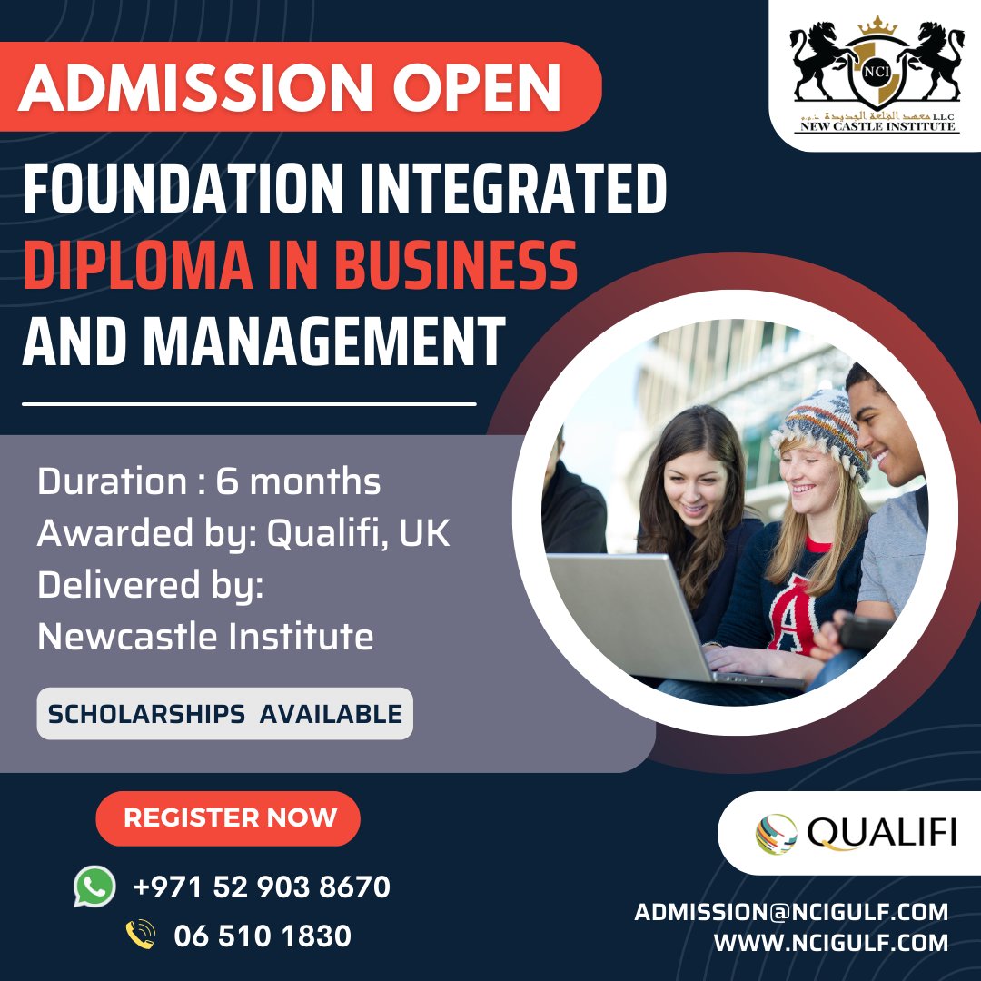 Enroll in Foundation Integrated Diploma in Business and Management Program at Newcastle Institute.📖
✅ Call / Whatsapp : +971 6 5101830 | +971 52 903 8670
#Ncigulfsharjah #Diplomainbusinessmanagement #Furthereducation #Internationalstudents #Learnged #Onlineeducation #Ncigulfuae