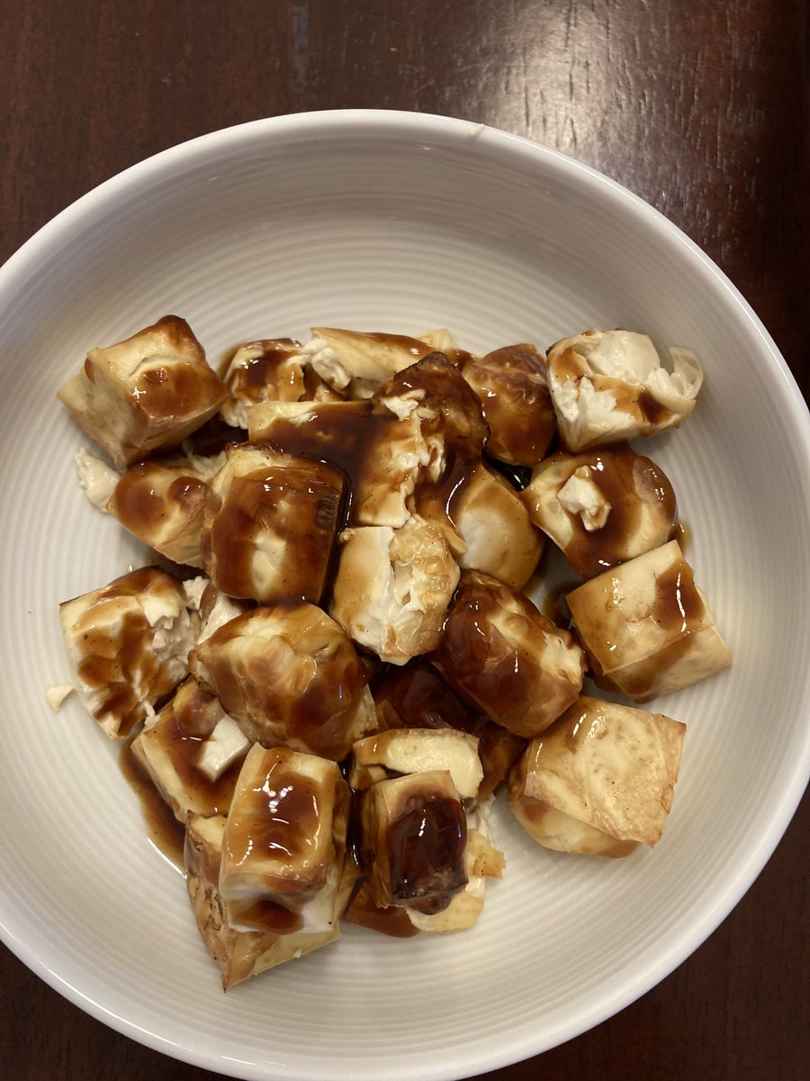 SukiWingnuts's tweet photo. Thought I would try to air-fry some firm tofu. Hmmm think I need to keep experimenting with temperature and timings 🤣 had to smother it in Bulldog sauce 🤣 #veganfail #airfriedtofu https://t.co/goIyC5GCdX